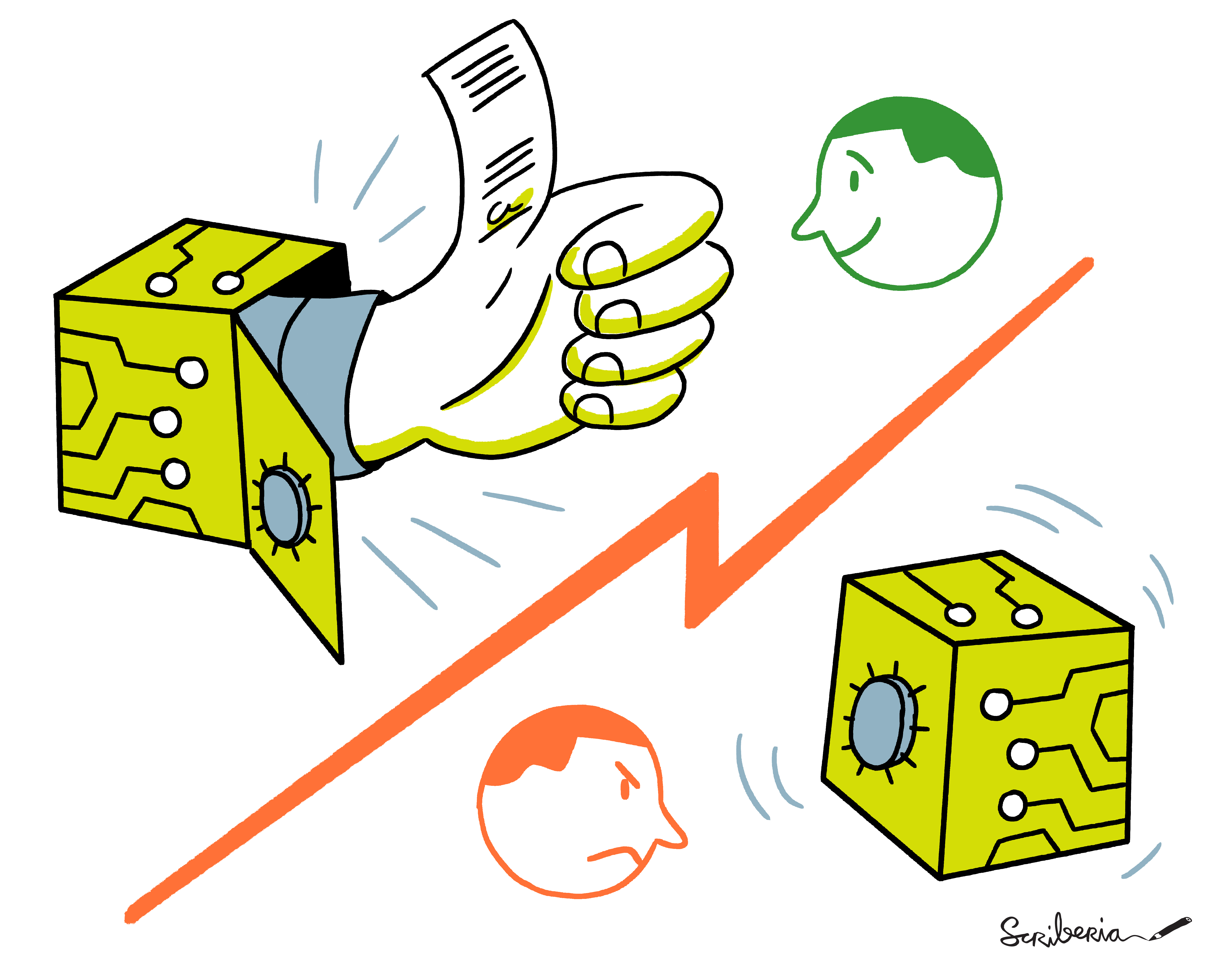 A hand reaches out of an open safe and makes a thumbs up gesture. The Safe is high-tech tooking with circuit tracery on its surface. The thumb of the hand looks like a signed document. There is a happy face in green looking at the thumbs up from the open safe. In contrast on the other side of the image there is a locked version of a similar safe. There is a red and grumpy face looking at the locked safe which is being shaken in frustration.