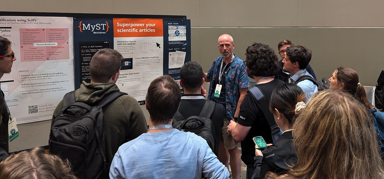 Steve Purves (Curvenote), giving a poster presentation on MyST Markdown: “Superpower your Scientific Articles”. Throughout the week we helped many people showcase their content with MyST Markdown and Curvenote