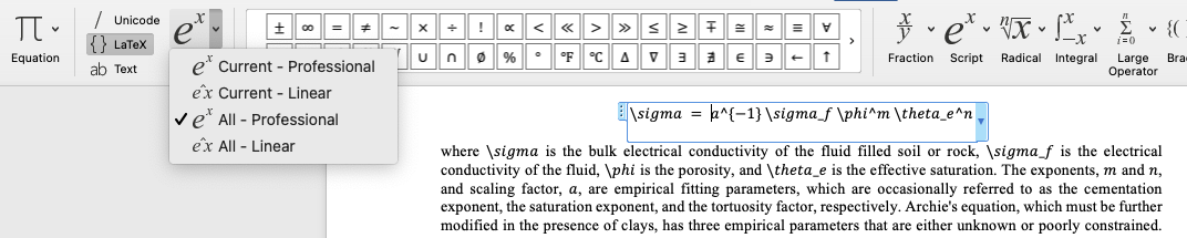 To fix equations in Word, use the equation toolbar to select LaTeX and from the dropdown select, all professional, then click convert.