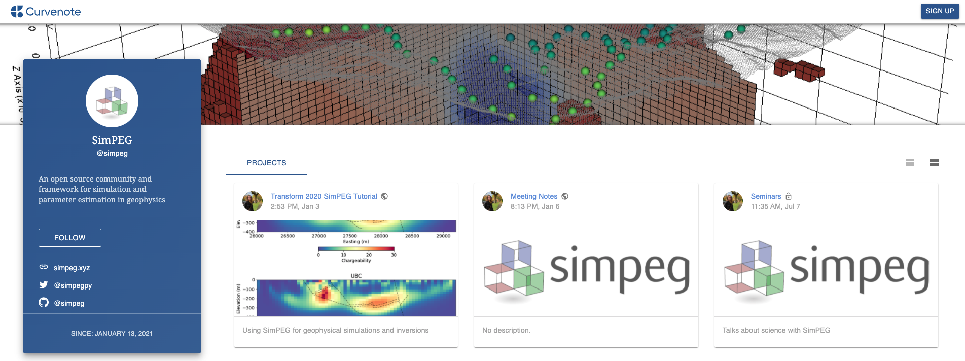 The SimPEG group shares their weekly community meetups and monthly seminar series on their Curvenote team profile.