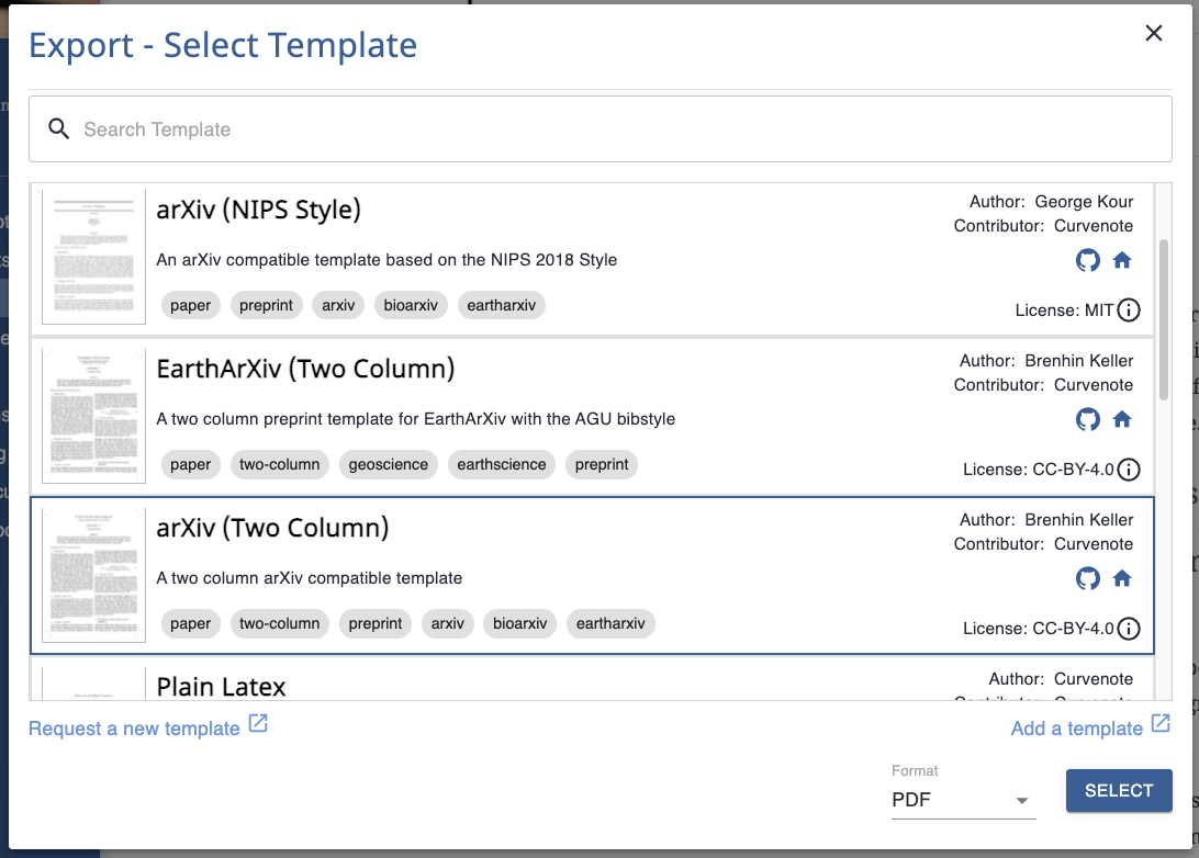 Export from Curvenote - the first step is to select the target LaTeX or PDF and choose the template to use for the layout