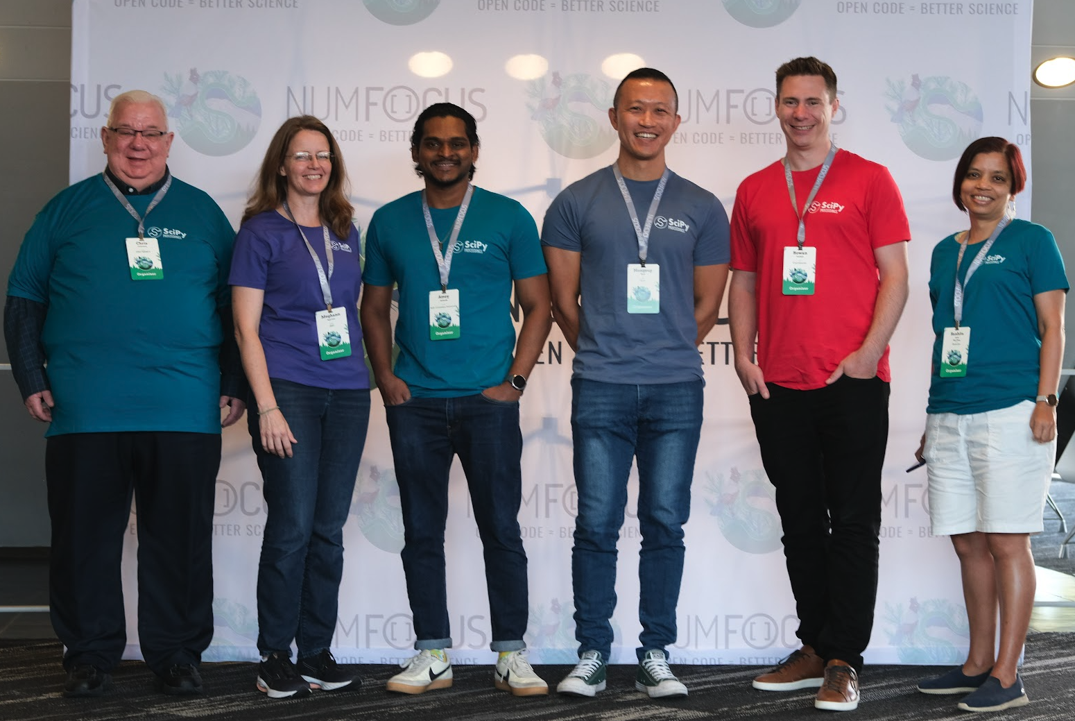 The SciPy 2024 proceedings team. From left to right, Chris Calloway, Meghann Agarwal, Amey Ambade, Hongsup Shin, Rowan Cockett, Sanhita Joshi; Charles Lindsey was remote.