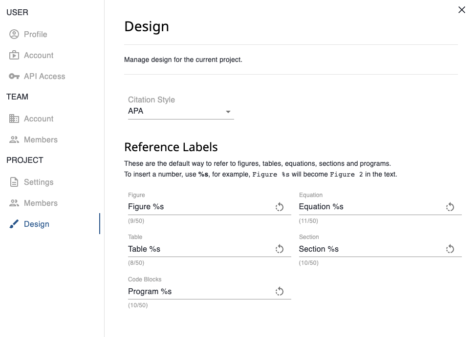 Update reference label defaults in the projects settings under the design tab.