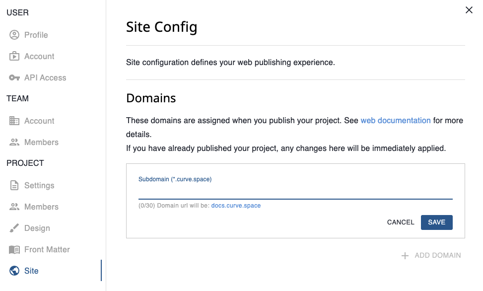 Curvenote Site Configuration for setting subdomains.