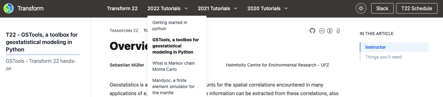 An example of nested drop-down navigation on the https://transform.softwareunderground.org/ site.