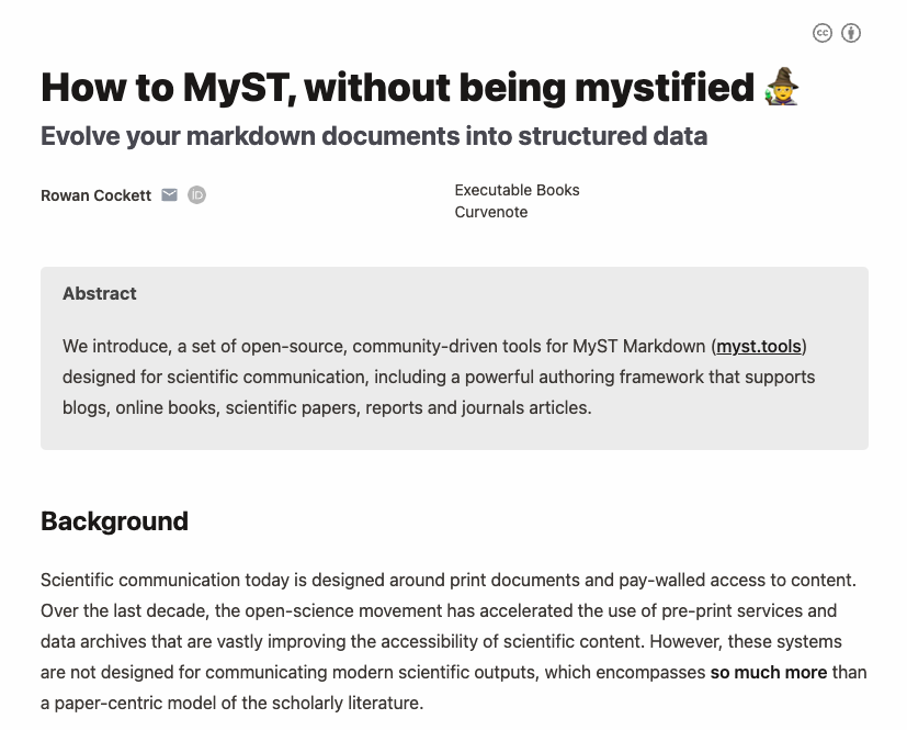 The MyST theme for the 01-paper.md page after the frontmatter changes are added. Compare this to what it looked like before in . The structure of the HTML page has also been improved, including meta tags that are available to search engines and other programmatic indexers.