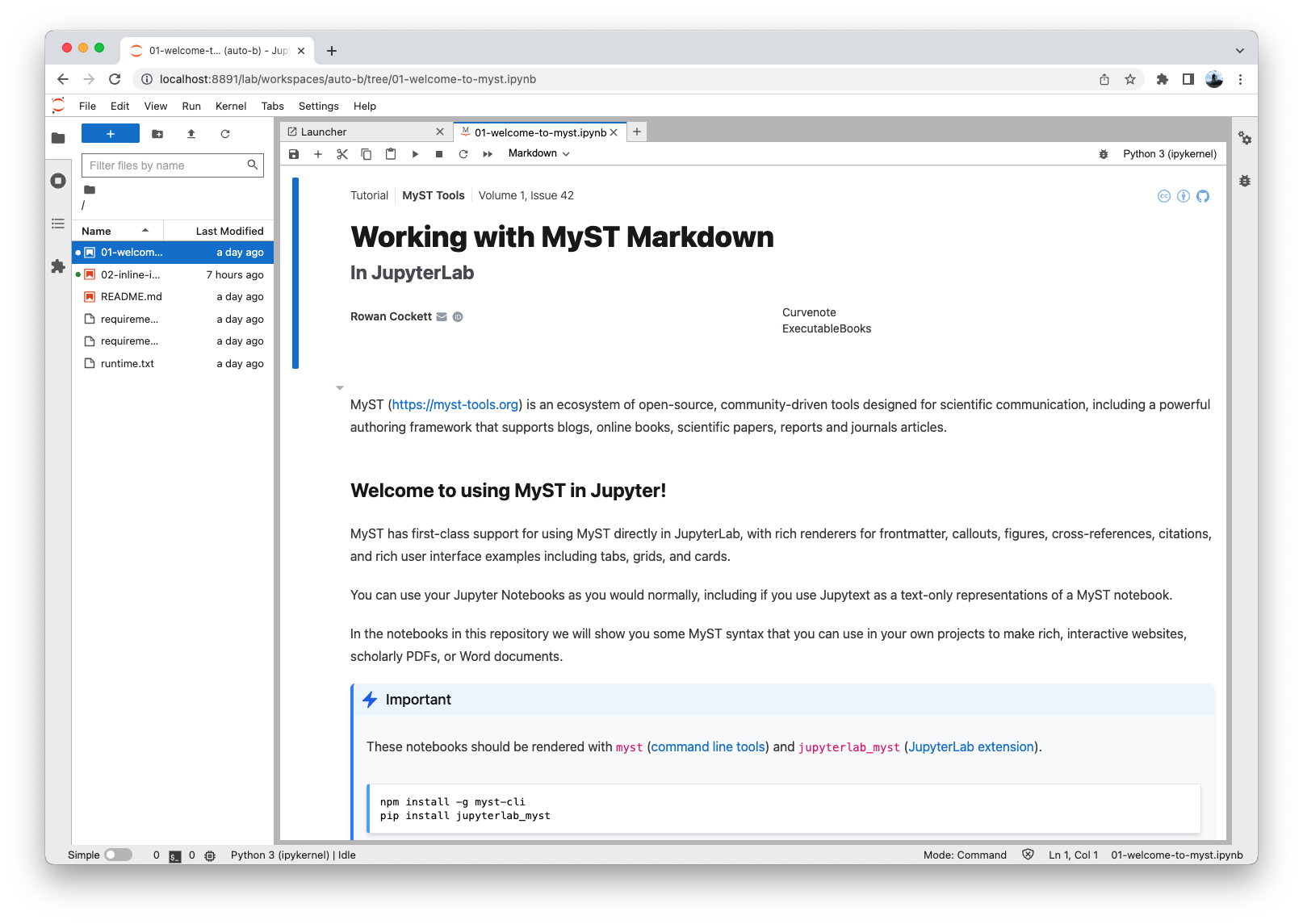 MyST in JupyterLab, showing frontmatter and admonitions that are natively rendered! 🎉