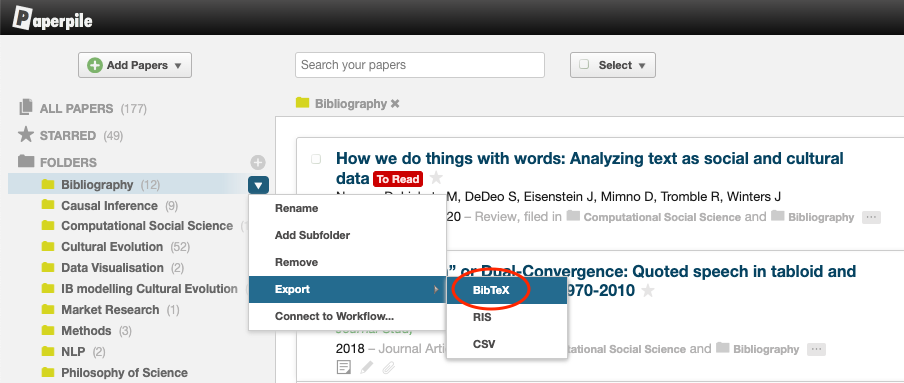 Download any Paperpile folder as a BibTeX file.