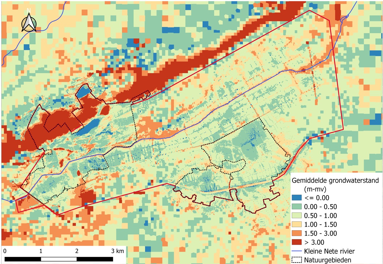 Gemiddelde grondwaterstanden in het studiegebied op basis van de voorlopige resultaten van “Ecohydrologische studie: basis voor herstelmaatregelen voor Natuurgebied De Zegge” (Witteveen+Bos). Er zij op gewezen dat dit geen definitieve resultaten zijn en dat het rapport van deze studie moet worden geraadpleegd voor verder gebruik.