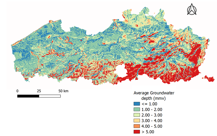 Ruimtelijke variatie van de grondwaterstanden in Vlaanderen (Franken en Wolfs, 2022)