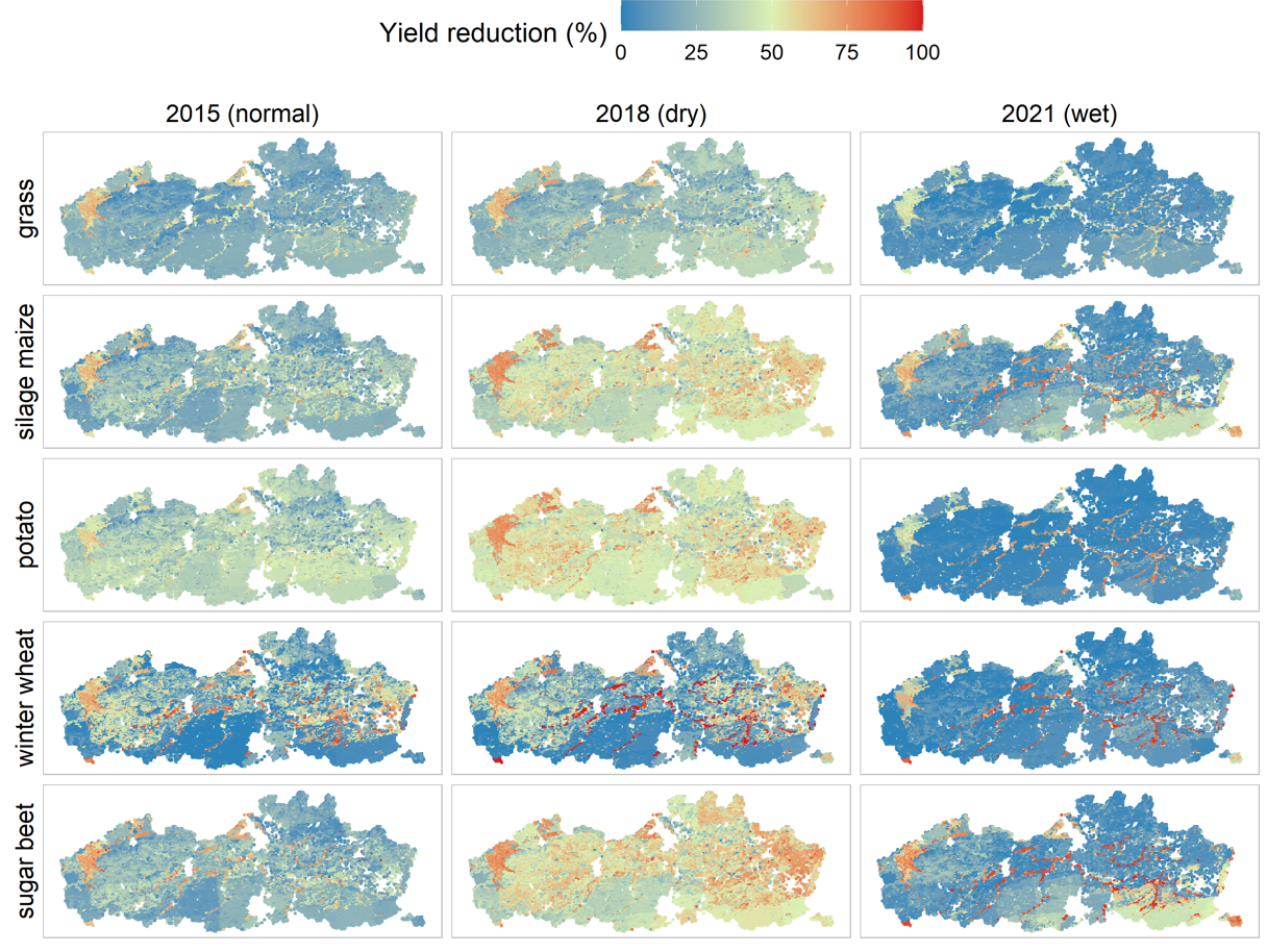 Geschiktheidskaarten in landbouwgebieden voor gras, snijmaïs, aardappel, wintertarwe en suikerbiet, gedurende 2015 ( normaal jaar), 2018 (droog jaar) en 2021 ( nat jaar), op basis van het regionale model.