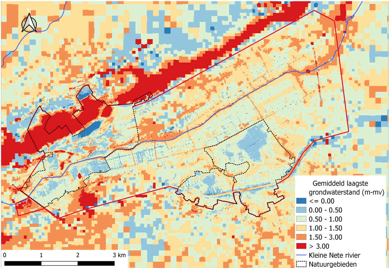 Gemiddeld laagste grondwaterstanden (GLG) in het studiegebied op basis van de voorlopige resultaten van “Ecohydrologische studie: basis voor herstelmaatregelen voor Natuurgebied De Zegge” (Witteveen+Bos). Er zij op gewezen dat dit geen definitieve resultaten zijn en dat het rapport van deze studie moet worden geraadpleegd voor verder gebruik.