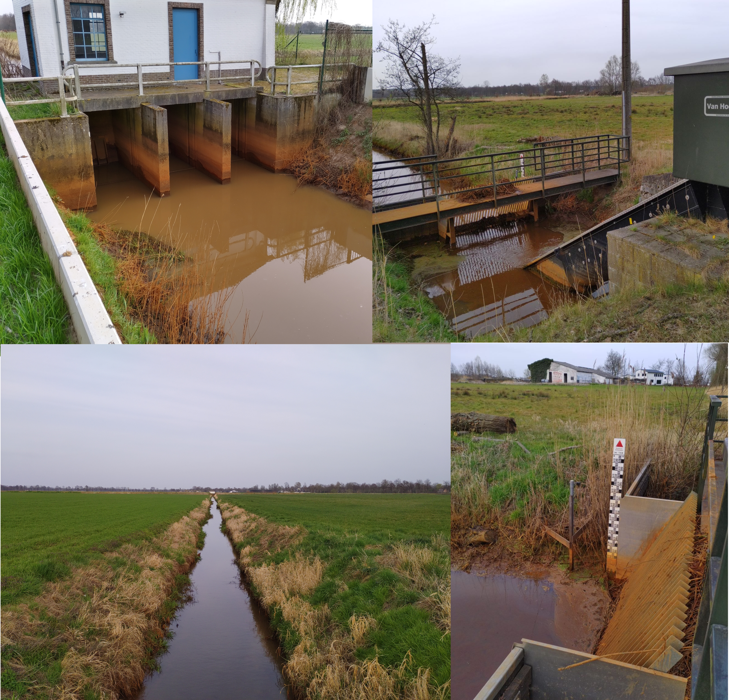 Overzichtsbeelden van landbouwland, centraal pomphuis, vijzelpomp en waterpeilmeting aan de vijzelpomp.
