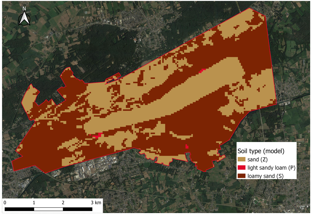 Bodemtextuur in het studiegebied volgens de bodemeigenschappen gebruikt in het model.