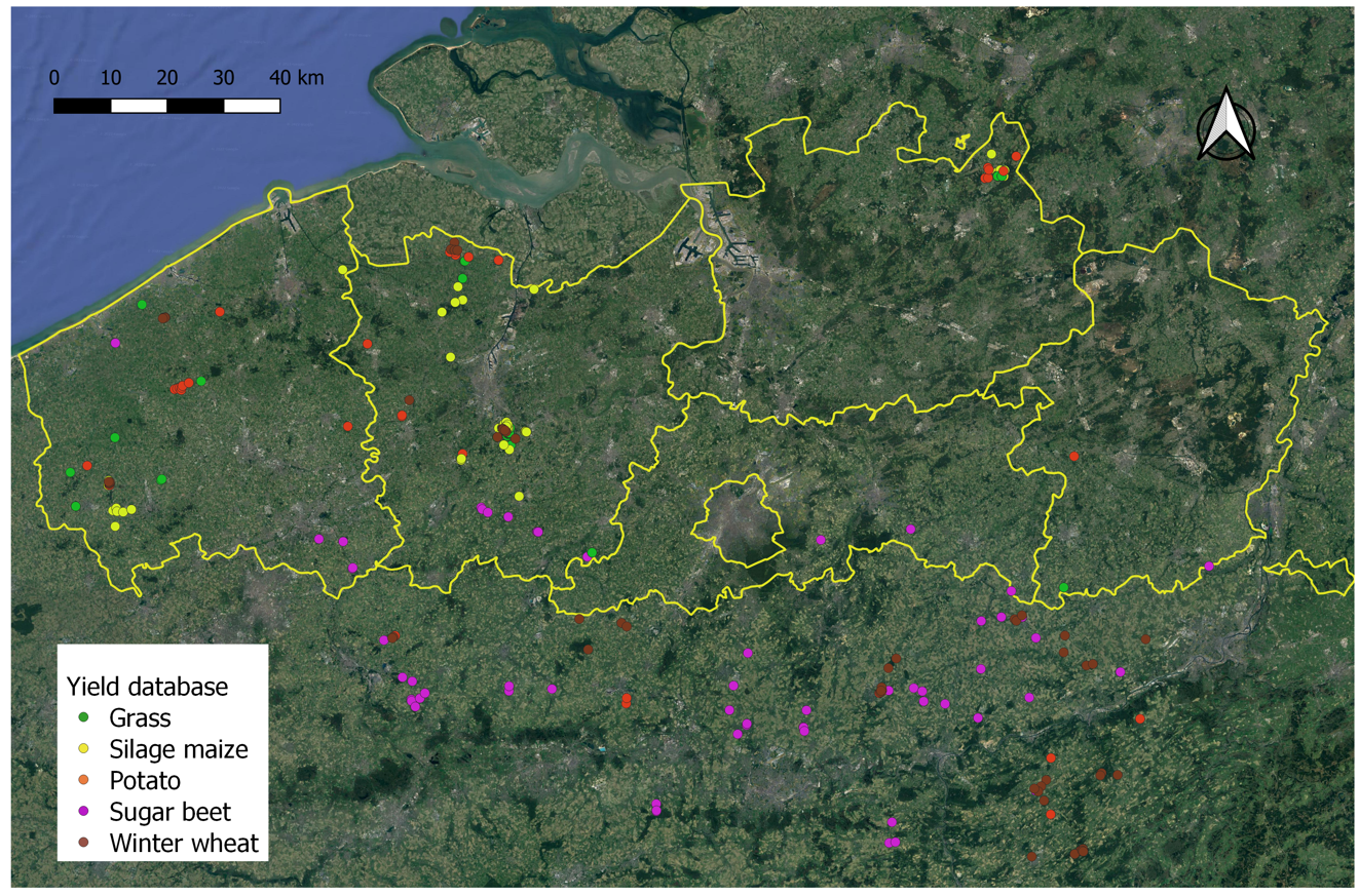 Locaties van de in de databank opgenomen opbrengstmetingen. De informatie buiten Vlaanderen is niet gebruikt bij de plausibiliteitscontrole.