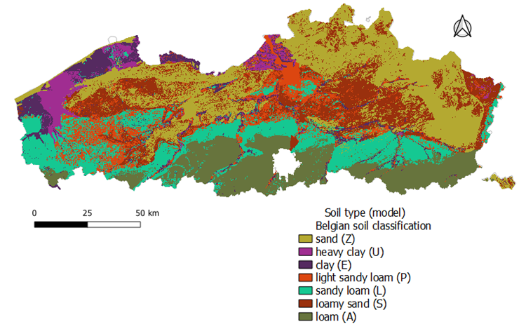 Bodemtextuur volgens het Soil Belgian Classification System, gebaseerd op de in het model gebruikte textuurinformatie.