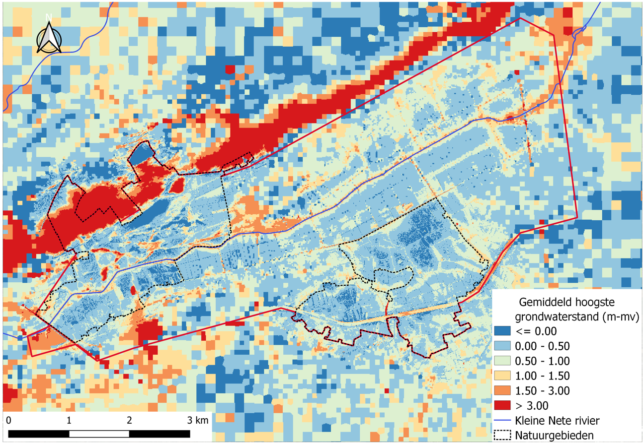 Gemiddeld hoogste grondwaterstanden (GHG) in het studiegebied op basis van de voorlopige resultaten van “Ecohydrologische studie: basis voor herstelmaatregelen voor Natuurgebied De Zegge” (Witteveen+Bos). Er zij op gewezen dat dit geen definitieve resultaten zijn en dat het rapport van deze studie moet worden geraadpleegd voor verder gebruik.