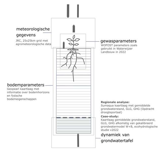 Schematisch overzicht van welke informatie/data gebruikt werd om de modelparameters en nodige inputvariabelen vorm te geven in het modelkader van PEILIMPACT. Indien een gebruiker over meer nauwkeurige data beschikt voor een of meerdere van deze componenten, kunnen die de hier toegepaste datalagen vervangen.