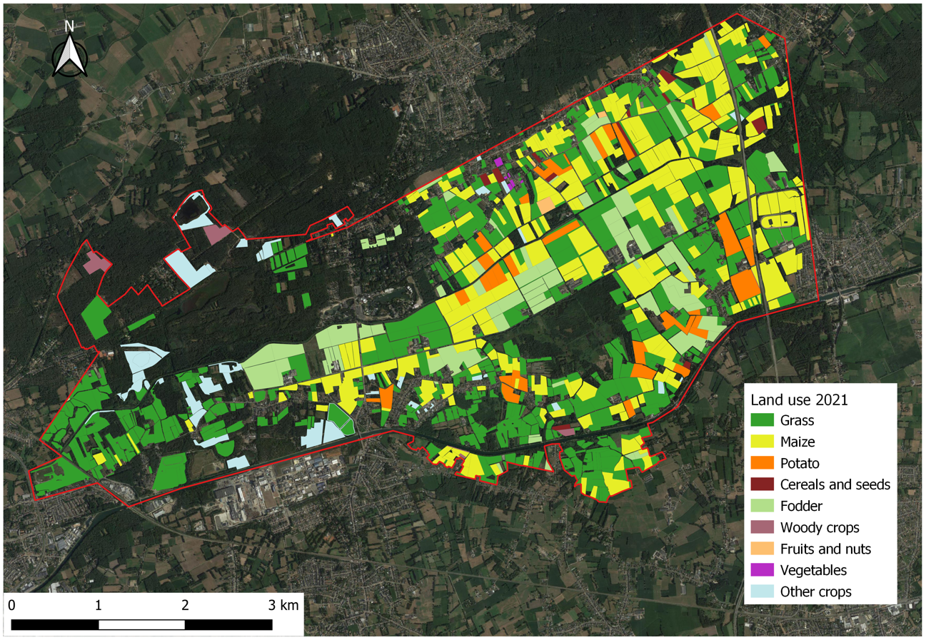 Landbouwgebruik in 2021 in het studiegebied.