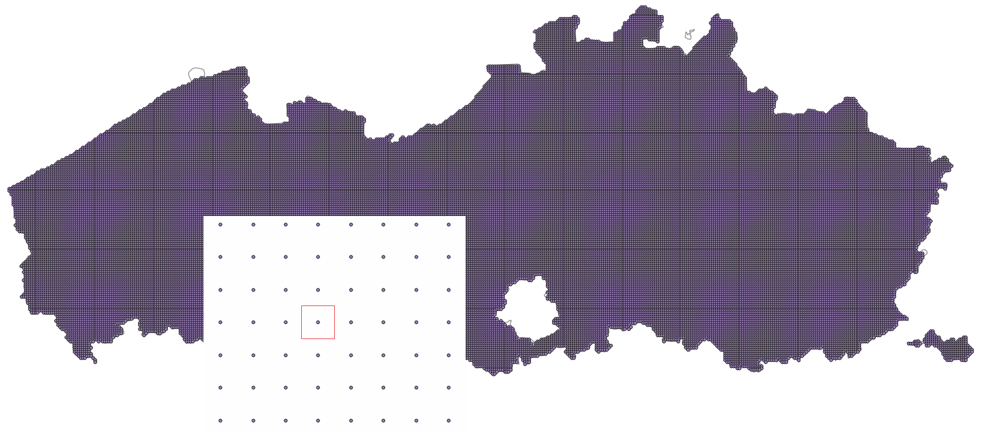 Raster met 500 m resolutie van het regionale model in Vlaanderen. Het rode vierkant illustreert één rastercel met 500 m resolutie en elke stip staat voor één simulatie.