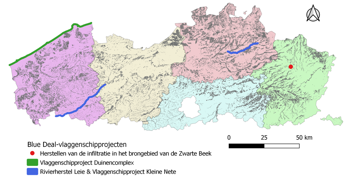 Poorly drained soils (grey) in Flanders and the location of the four Blue Deal Flagships projects.
