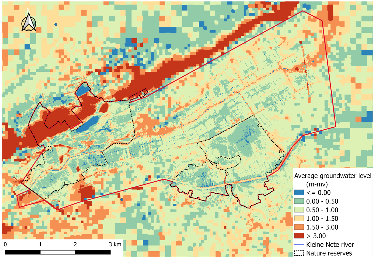 Average groundwater levels in the study area based on the preliminary results of “Ecohydrological study: basis for restoration measures for Nature Reserve De Zegge” (Witteveen+Bos). Please note that these are not final results and the report of this study should be consulted for further use.