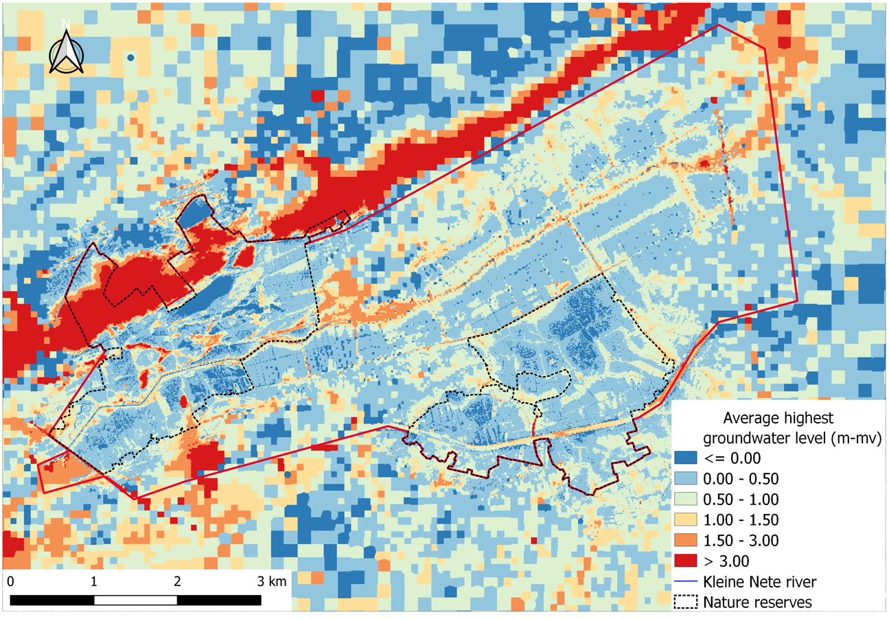 Average highest groundwater levels (GHG) in the study area based on the preliminary results of “Ecohydrological study: basis for restoration measures for Nature Reserve De Zegge” (Witteveen+Bos). Please note that these are not final results and the report of this study should be consulted for further use.