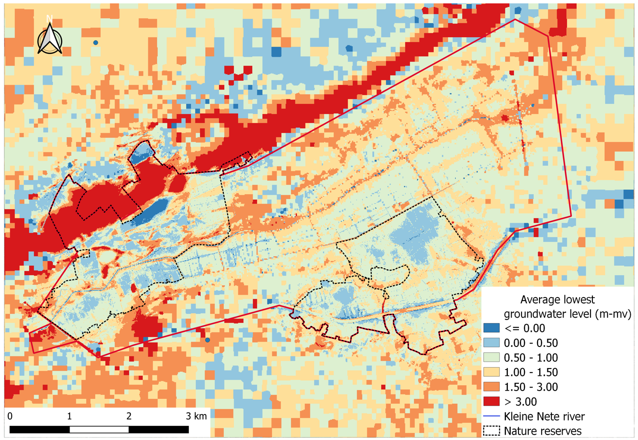 Average lowest groundwater levels (GLG) in the study area based on the preliminary results of “Ecohydrological study: basis for restoration measures for Nature Reserve De Zegge” (Witteveen+Bos). Please note that these are not final results and the report of this study should be consulted for further use.