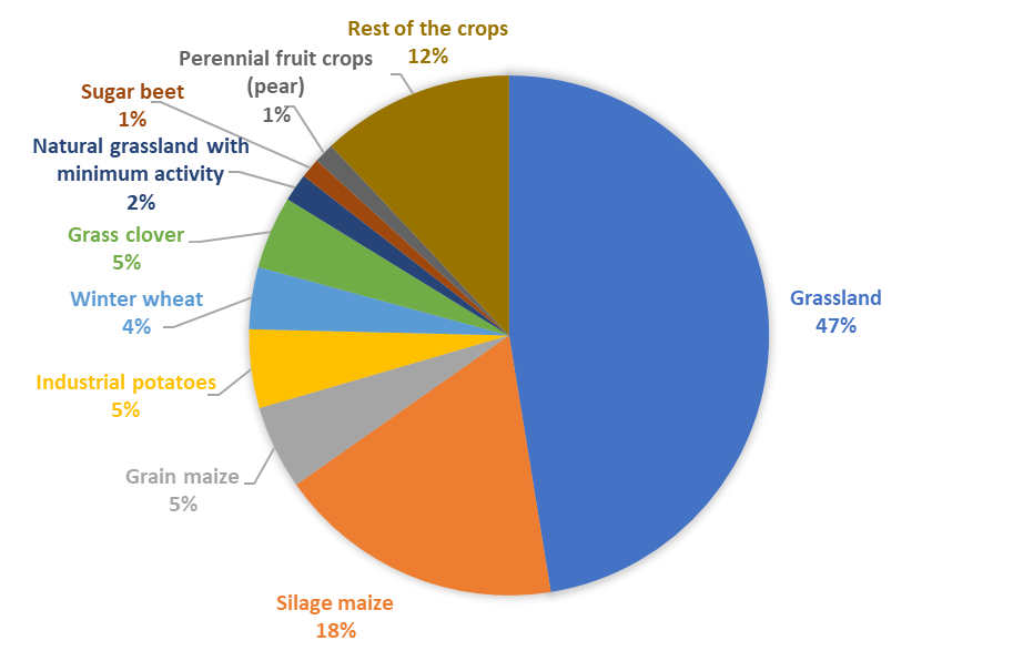 Dominant crops in poorly drained soils over Flanders based on a 4-year average all provinces combined.