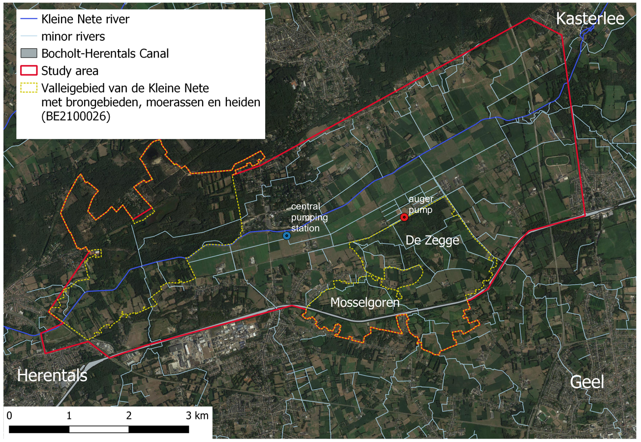 Location of the study area, which includes the Habitats Directive Area “Valleigebied van de Kleine Nete met brongebieden, moerassen en heiden” (BE2100026), canals, rivers and location of the central pumping station and auger pump.