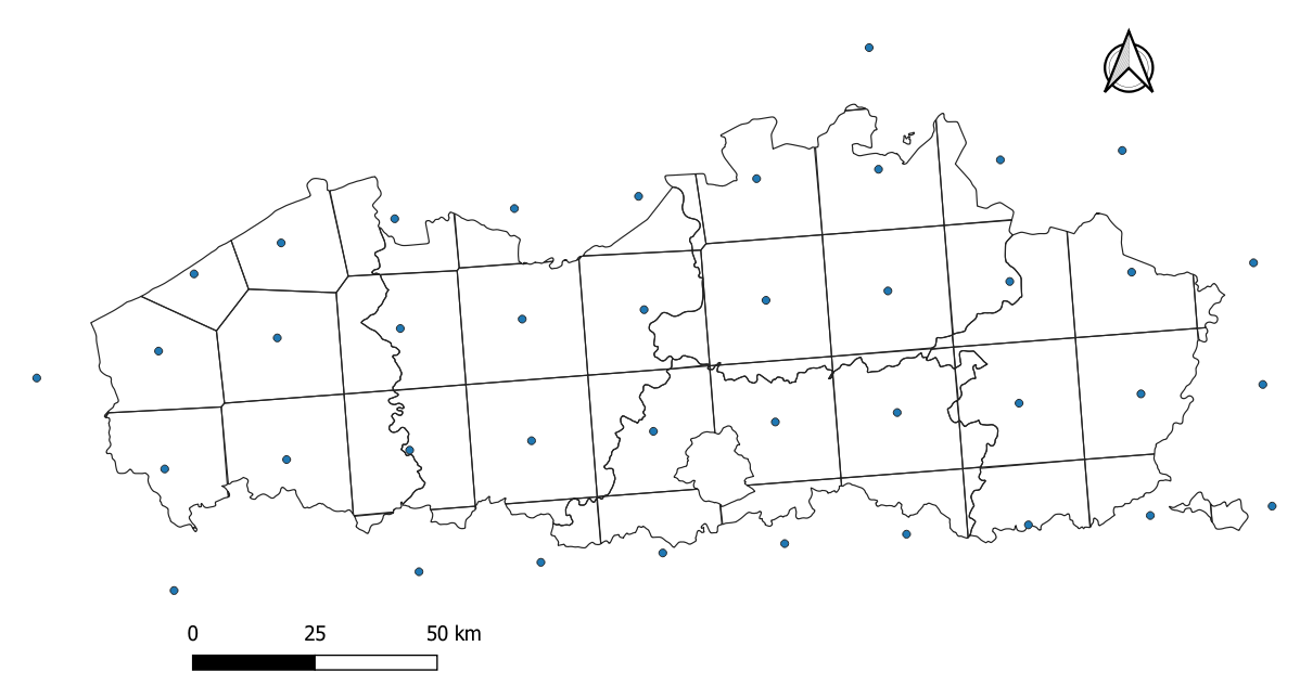 Raster map showing the location of the JRC meteorological grids.