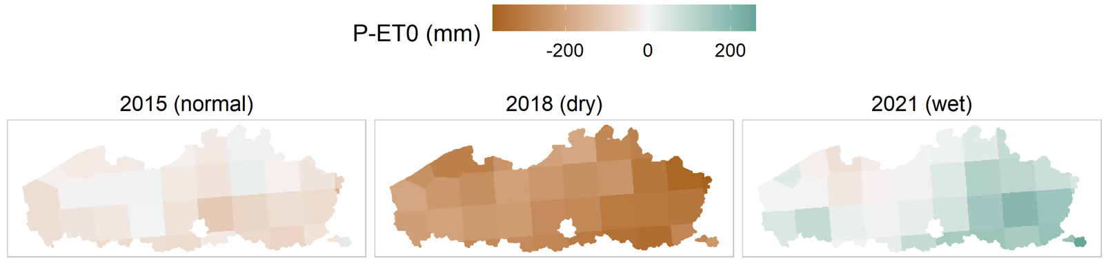 Spatial variability of the precipitation deficit during 2015 (normal year), 2018 (dry year) and 2021 (wet year). Precipitation deficit is calculated from January to January.