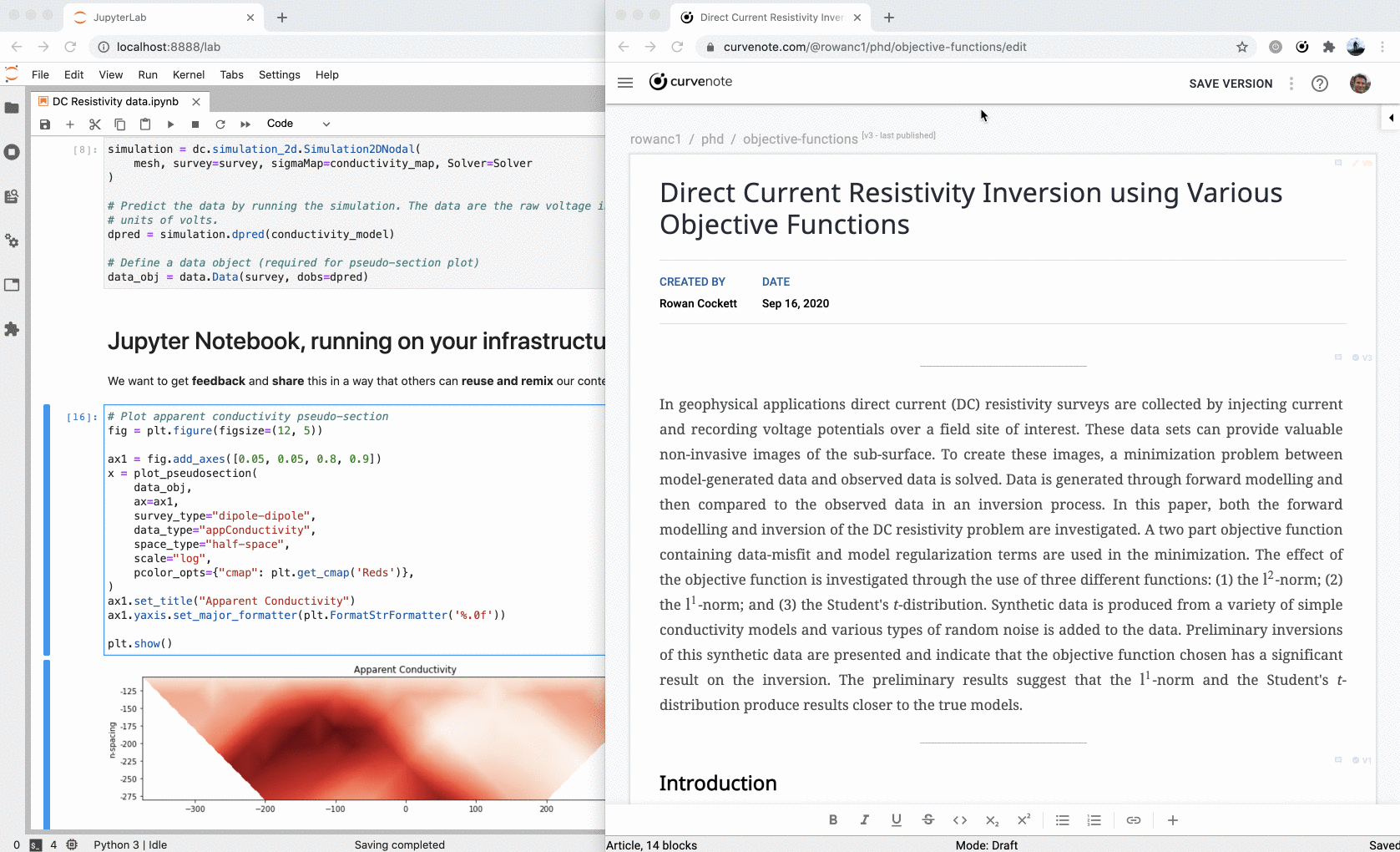 The Curvenote Chrome extension allowed users to embed outputs from Juptyer Notebooks into their Curvenote articles from directly within JupyterLab. Although now deprecated, outputs from Jupyter Notebooks can still be used in Curvenote articles by first them.