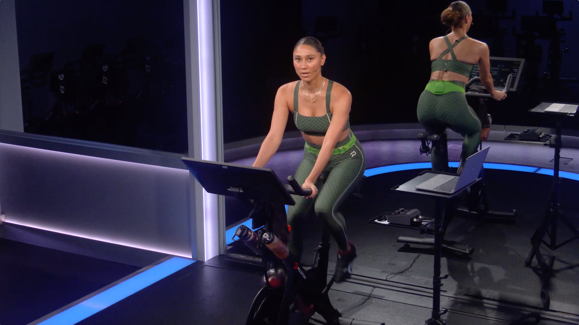 Peloton instructors are trained to speak directly to participants while taking advantage of multiple camera angles.