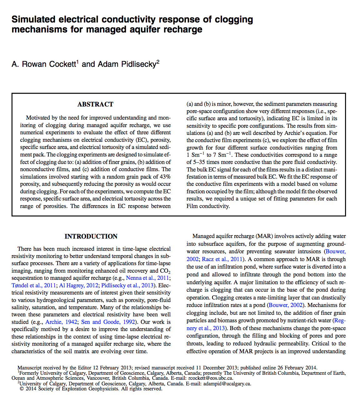 Simulated electrical conductivity response of clogging mechanisms for managed aquifer recharge
