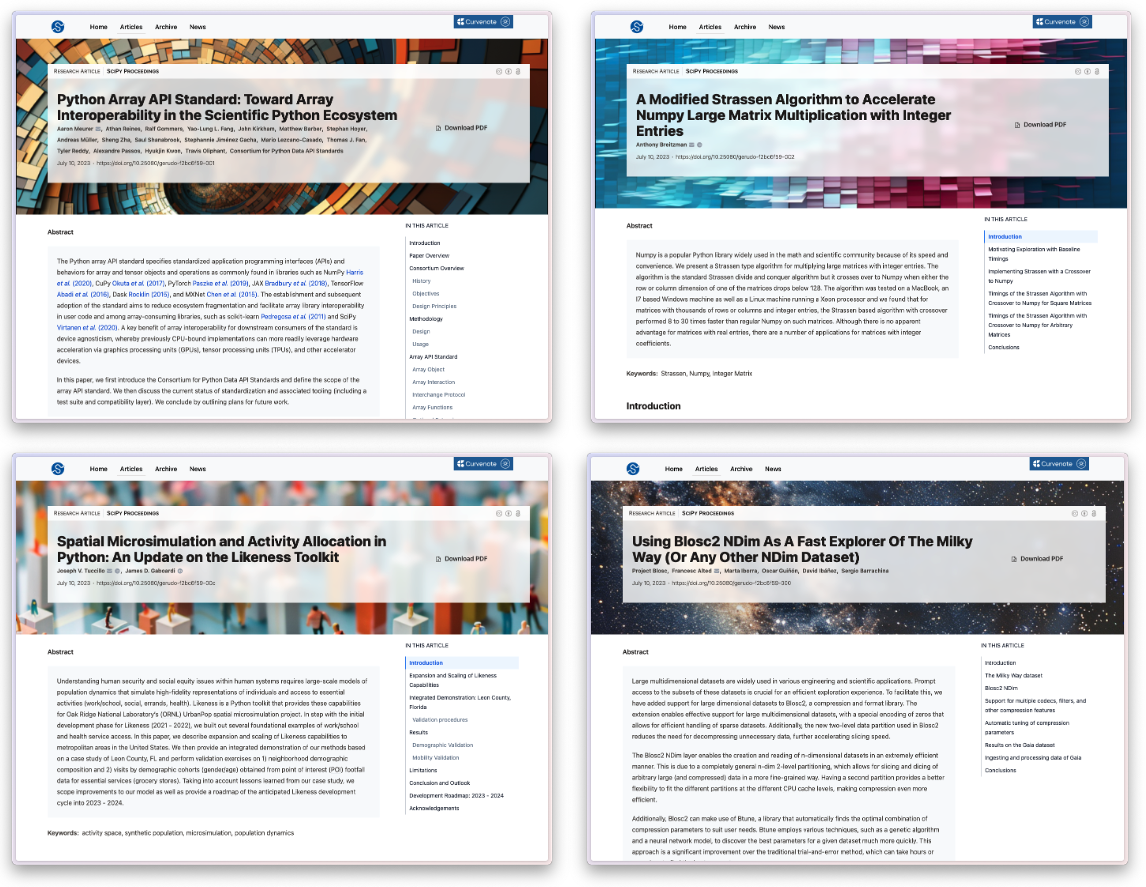 Conference papers from SciPy 2023 that have been converted and hosted by Curvenote. All articles have been translated to MyST and presented as HTML documents in addition to the original PDFs.