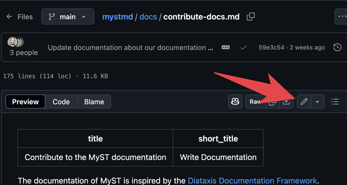 An example of the “edit this page” button on GitHub. This will open an interactive window where you can edit the source text.