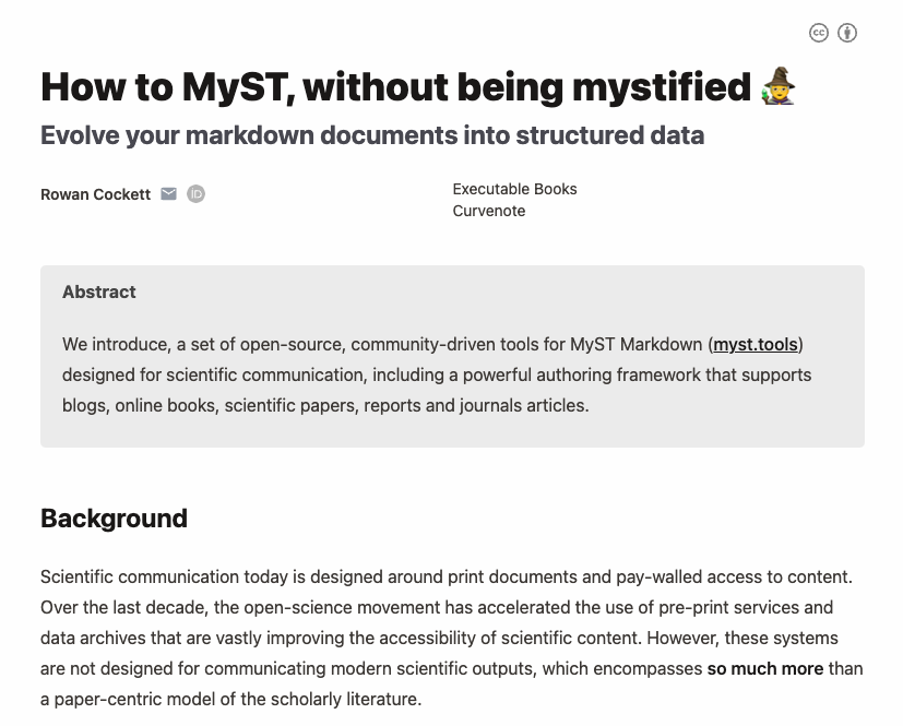 The myst theme for the 01-paper.md page after the frontmatter changes are added. Compare this to what it looked like before in . The structure of the HTML page has also been improved, including meta tags that are available to search engines and other programmatic indexers.