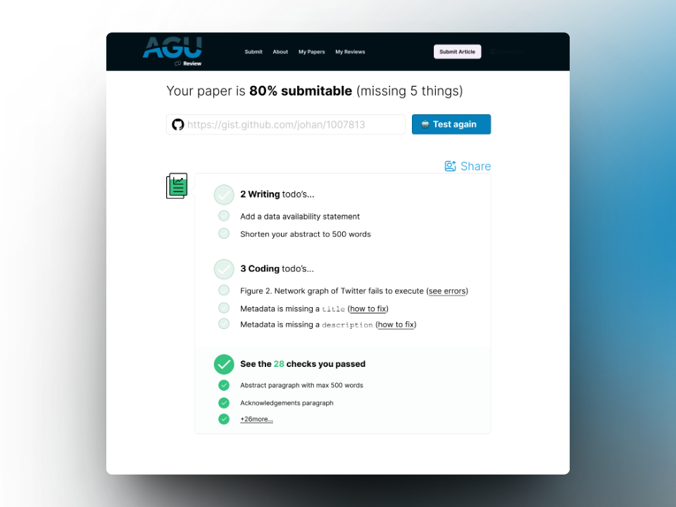 Submission automated checks feedback page.