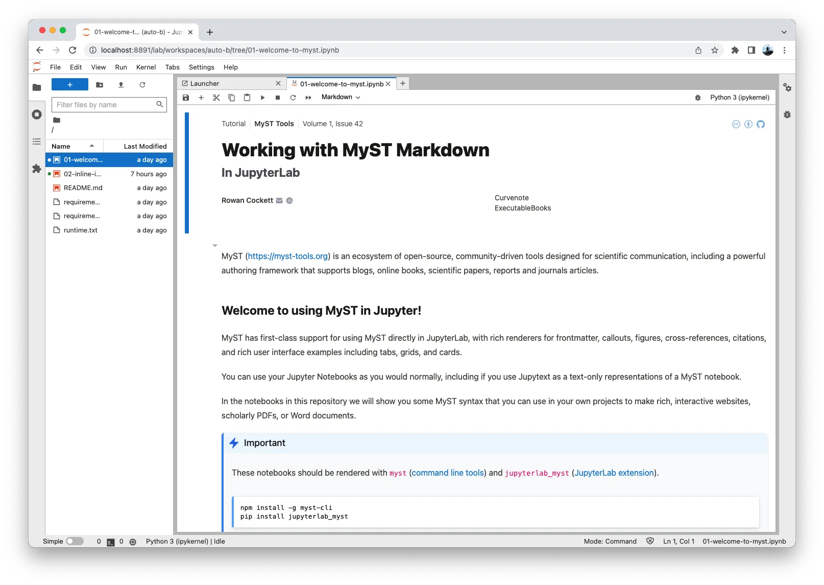 A Notebook with frontmatter and MyST Markdown rendered in Jupyter Lab.