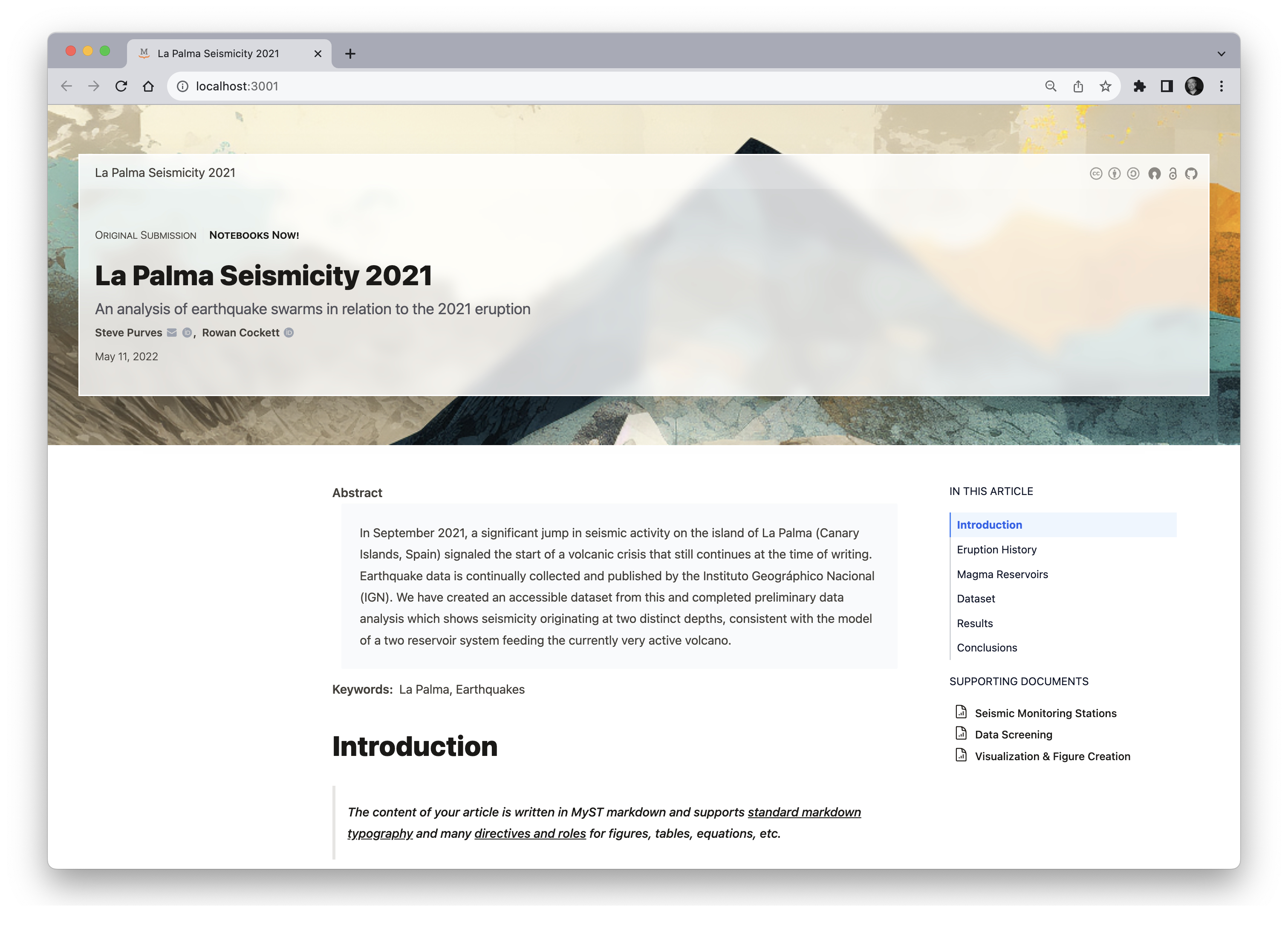 A local preview of the sample paper from the submission template, displayed in the web browser using MyST.