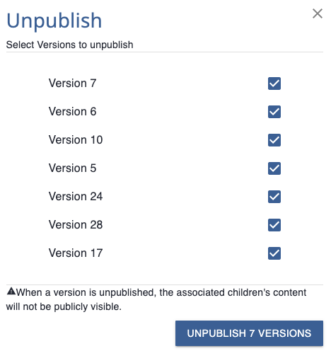 Unpublish various versions of an article or block.