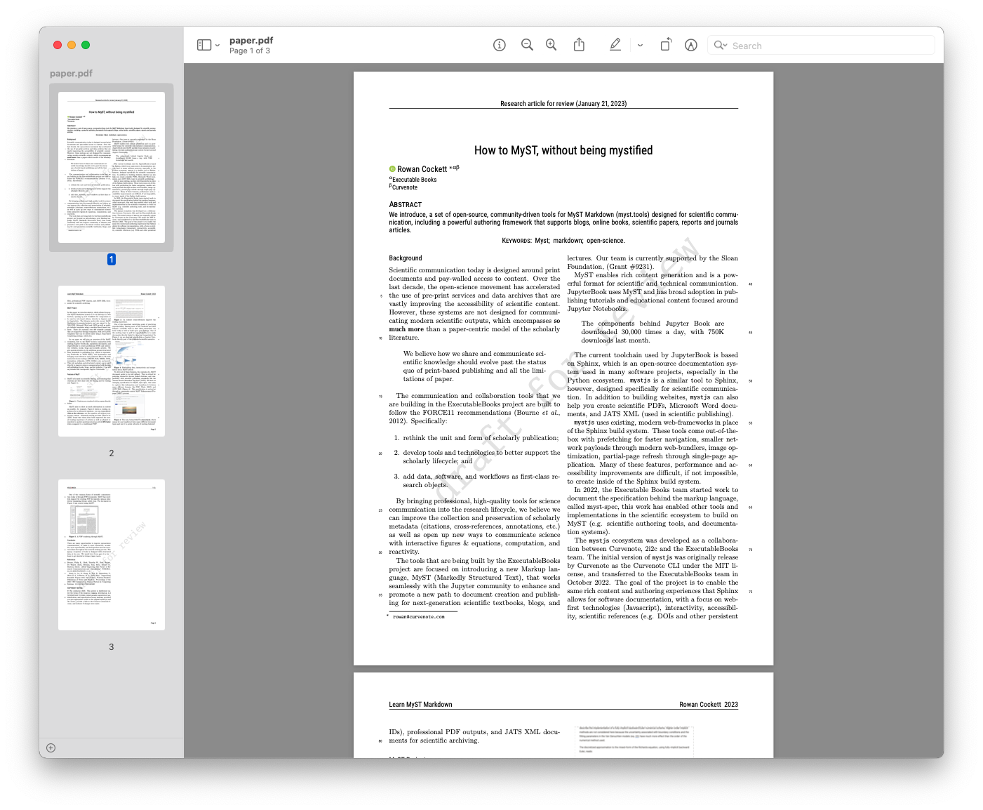 Exporting the article to a two column PDF with appropriate metadata to submit to a Journal.