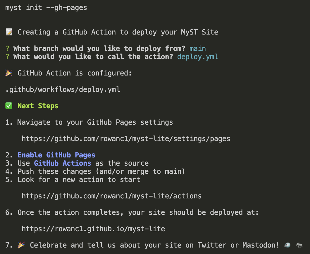 The command myst init --gh-pages will guide you through deploying to GitHub Pages.