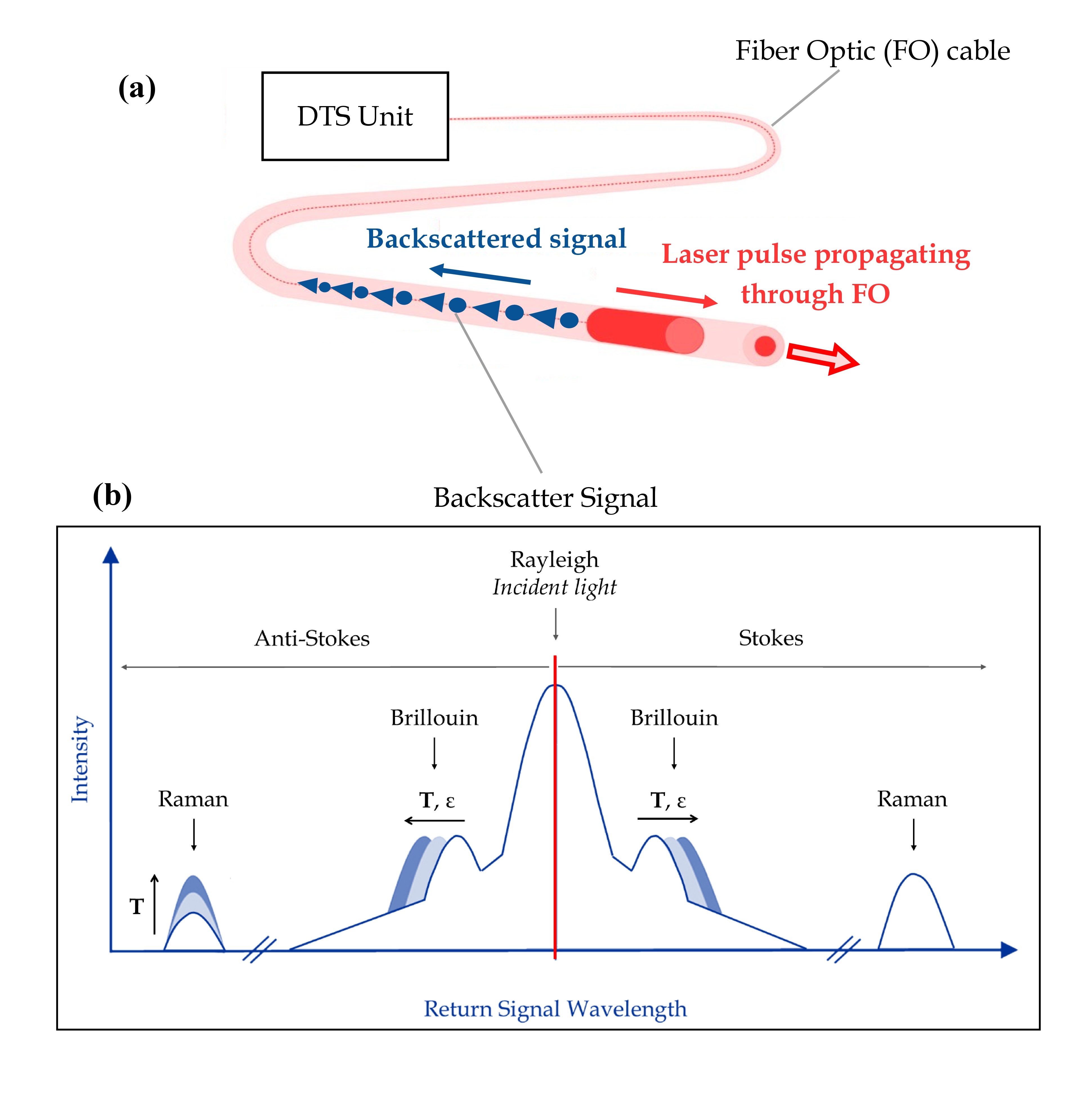 (a) Principle of FO-DTS measurements. (b) Spectrum of the backscattered light returning back towards the DTS unit. Apart from the Rayleigh band which has the same wavelength as the incident laser pulse, the backscattered signal is shifted towards higher and lower wavelengths, called Stokes and Anti-Stokes components respectively. Stokes and Anti-Stokes signals result from Brillouin and Raman scatterings. Brillouin Stokes and Anti-Stokes components are both sensitive to strain (ε) and temperature (T) variations whereas, for Raman bands, only the amplitude of the Anti-Stokes component is temperature-dependent.