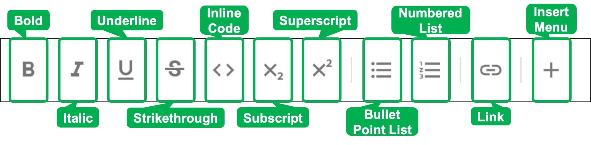 Bold, Italic, Underline, Strikethrough, code, subscript2, superscript2, lists, and links.