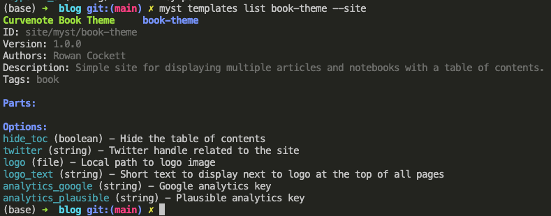 Output of the myst templates list book-theme --site command.