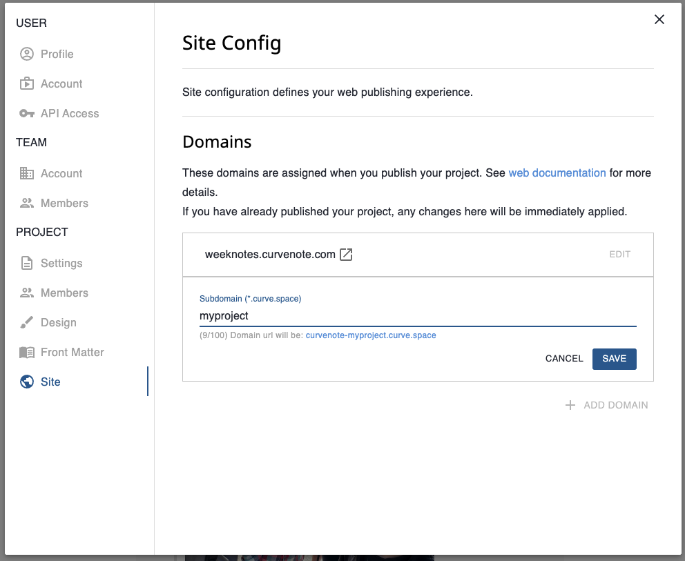 Setting site configuration from the project settings.