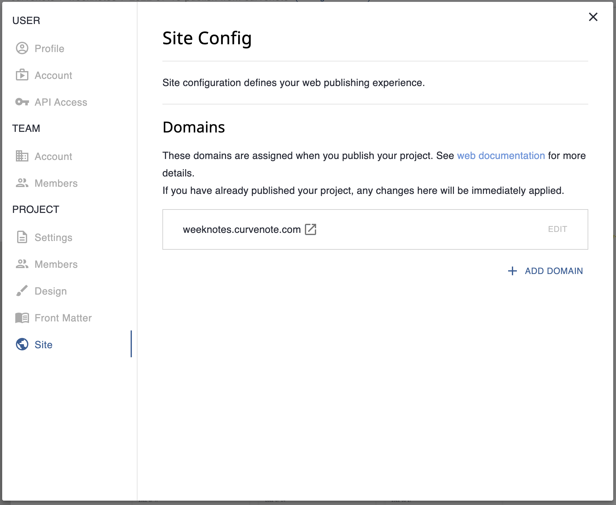 The new Curvenote site settings page where you can add subdomains.