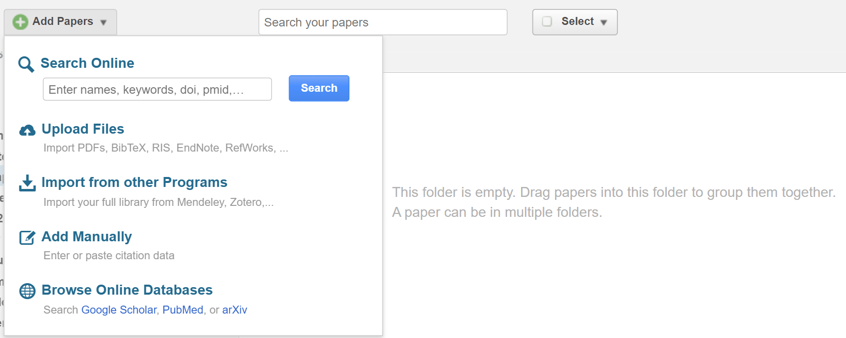 Add references to your new folder by uploading PDFs.